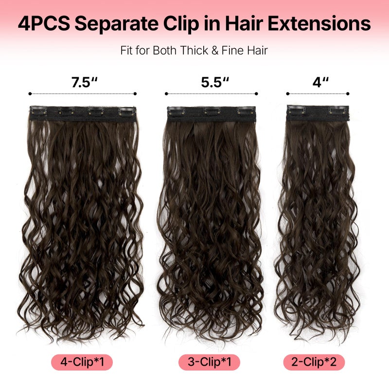 AliLeader 4Pcs Curly Extensions Clip in Chestnut Brown Hair Extensions Clip ins 16 Inch Long Wavy Synthetic Hair Extensions (4Pcs,16Inch,6/8#) - Image 3